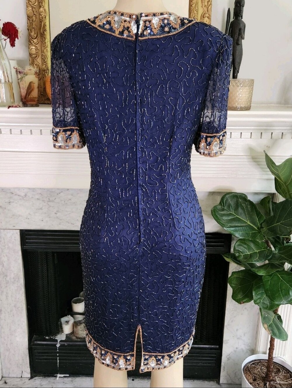 Vintage 80S Laurence Kazar Blue Beaded Silk Dress Sz M Sequin Sheer Art Deco - Picture 5 of 9